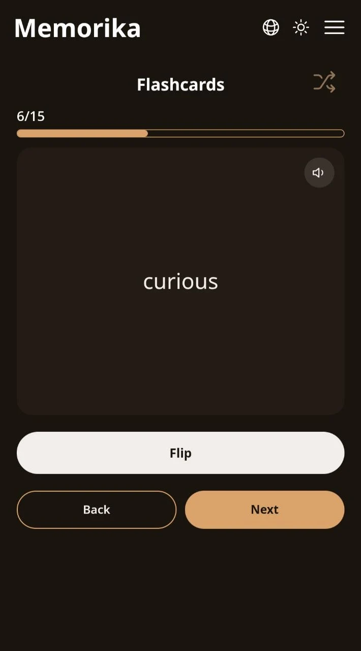 A flashcard in Memorika with Flip, Back and Next buttons