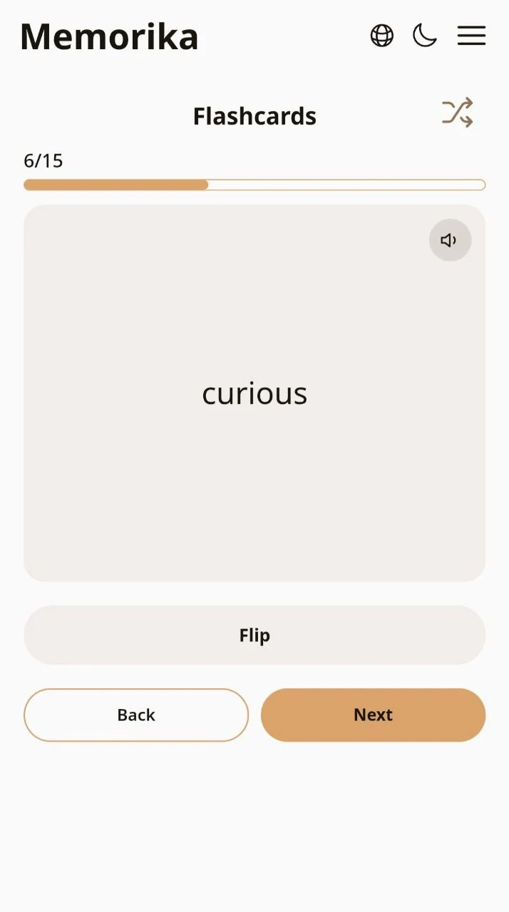 A flashcard in Memorika with Flip, Back and Next buttons