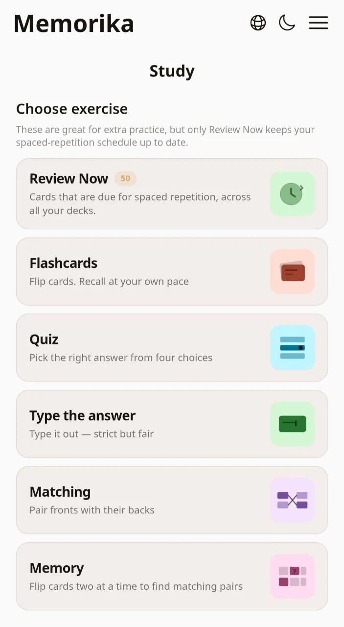 Memorika exercise list: Review Now, Flashcards, Quiz, Type the answer, Matching and Memory